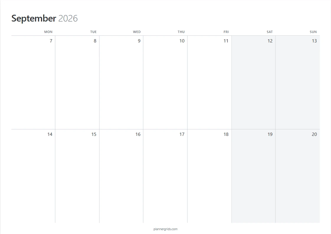Two-week calendar grid for September 7–20, 2026, with Monday-start rows and space for handwritten plans.